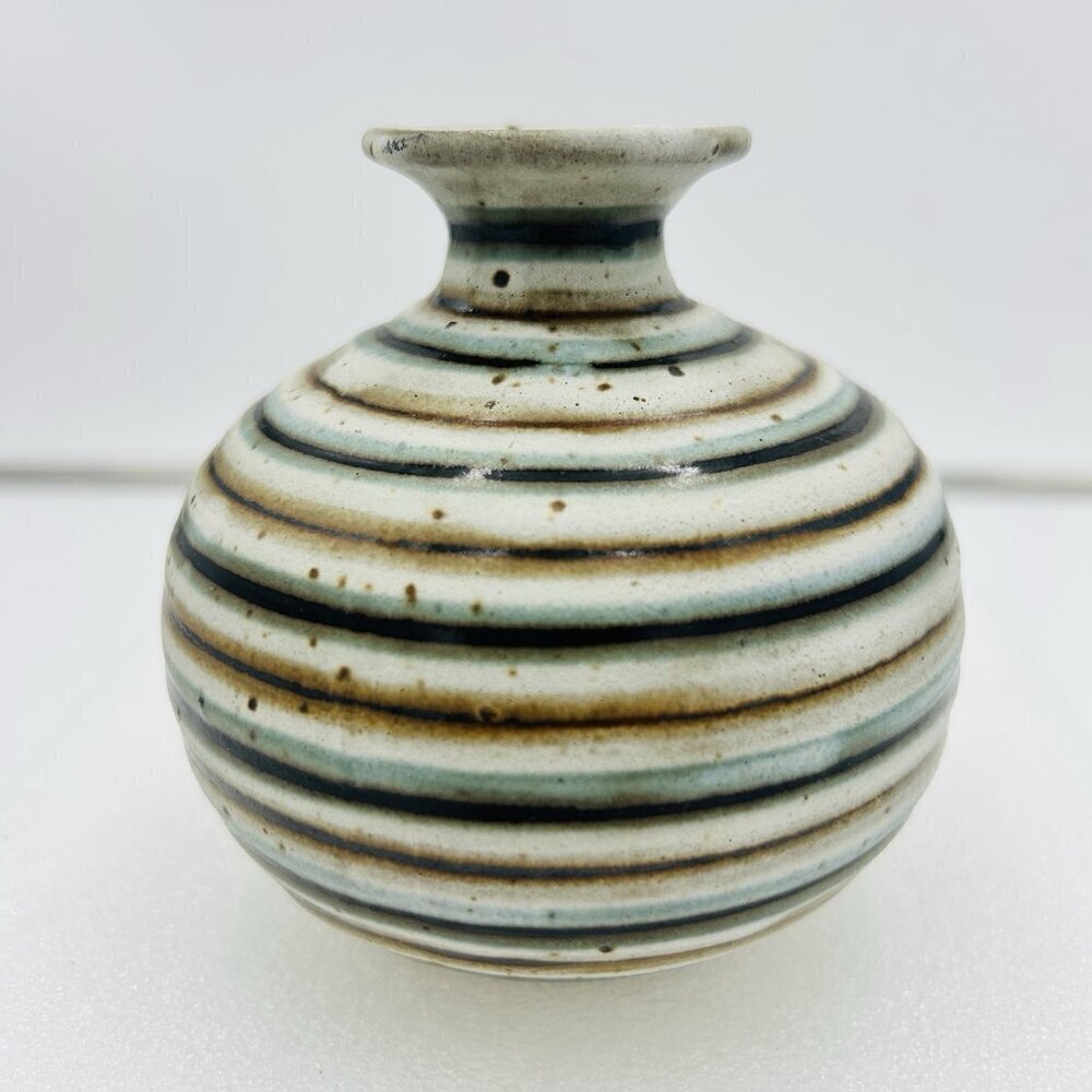 Otagiri OMC Japan Miniature 4" Bud Vase Blue Brown Striped Gold Sticker Vintage - Picture 5 of 6